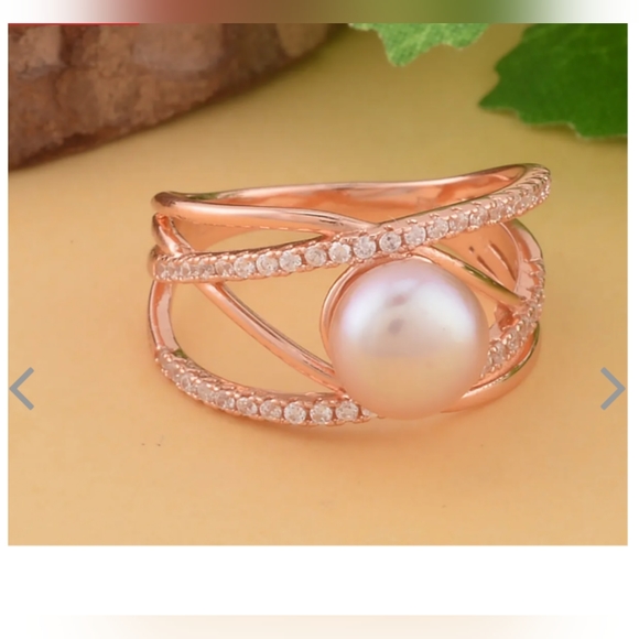 Natural freshwater pearl & simulated diamond and ing, Sz.10, rose gold O/L - Picture 2 of 3